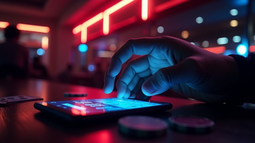 Jogador inserindo código promocional em um celular dentro de um cassino escuro